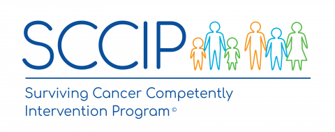 Logo that says SCCIP Surviving Cancer Competently Intervention Program with varying outlines of six people 